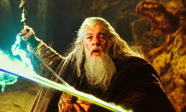Prompt: gandalf with large robotic jeweled arm battling the balrog 3 5 mm photograph