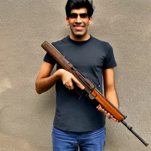 Image similar to Medium shot photograph of Rishi Sunak holding an AK-47, 8k, ultrahd