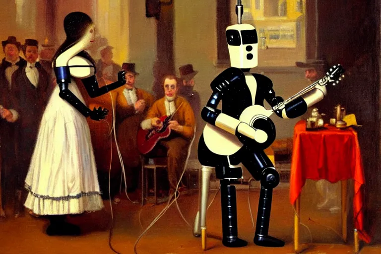 Prompt: a guitar player as a robot performing for a crowd in victorian era london, painting