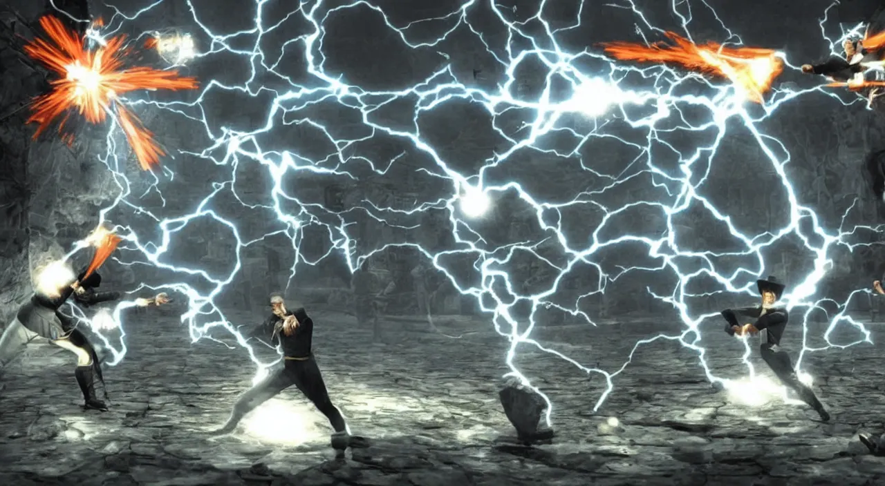 Prompt: nikola tesla vs thomas edison in a screenshot from the mortal kombat videogame