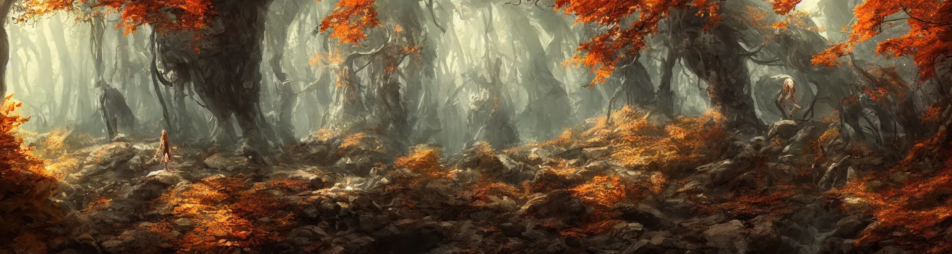 Image similar to cave in autumnal forest, d & d, fantasy, portrait, highly detailed, digital painting, trending on artstation, concept art, sharp focus, illustration, art by artgerm and greg rutkowski and magali villeneuve