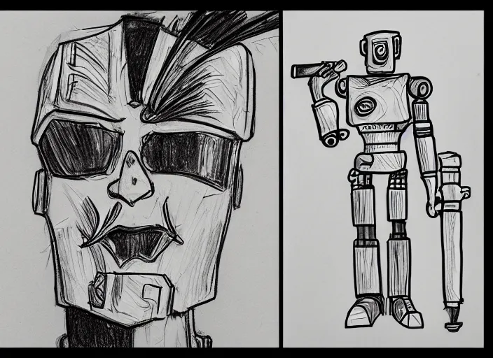 Prompt: drawing, scribble, sketch of a robot sci - fi war lord smoking cigar