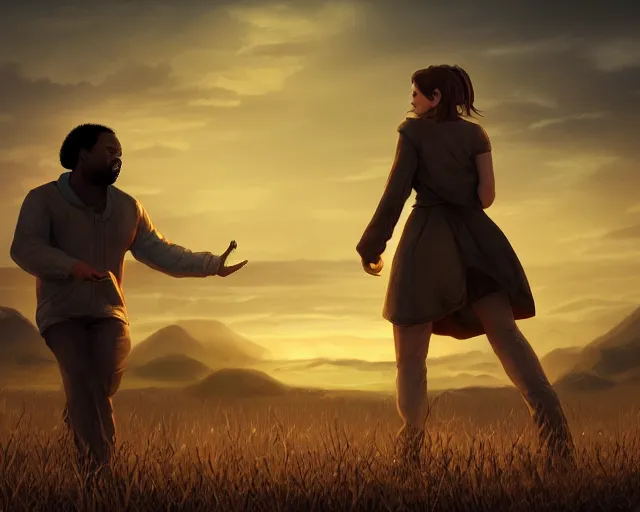 Prompt: craig robinson and emma watson in a peaceful wasteland, golden hour, digital art, loving embrace, trending on artstation