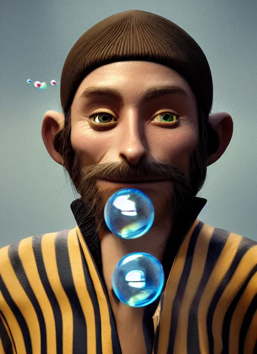 Image similar to an anthropomorphic beautiful male wizard portrait blowing bubbles wearing stripes robe, fine art, award winning, intricate, elegant, sharp focus, octane render, hyperrealistic, cinematic lighting, highly detailed, digital painting, 8 k concept art, art by jamie hewlett and z. w. gu, masterpiece, trending on artstation, 8 k