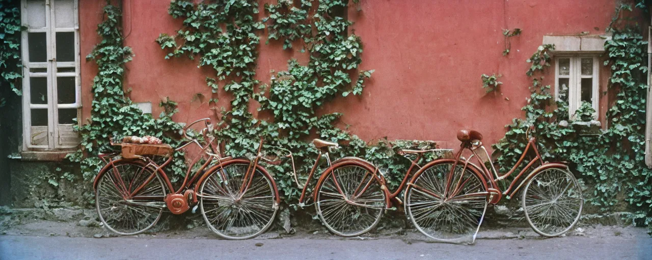 Image similar to spaghetti growing on ivy on a parisian side street, 1 9 5 0 s, canon 5 0 mm, bicycle, kodachrome, in the style of wes anderson, retro