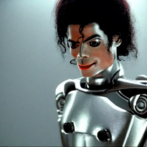 Image similar to movie still of robot michael jackson, cinematic composition, cinematic light, criterion collection, by edgar wright