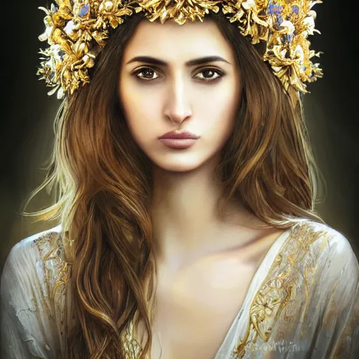 Prompt: Portrait of a Arabic Supermodel wearing a floral crown, porcelain skin, angry look, long dark hair, beautiful bone structure, shiny gold background, intricate, elegant, highly detailed, digital painting, artstation, concept art, smooth, sharp focus, illustration, art by artgerm and greg rutkowski and alphonse mucha