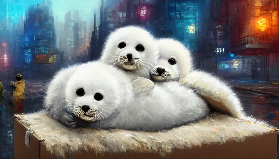 Image similar to highly detailed painting of cute furry white baby seals cuddled up in a cardboard box in a dystopian cyberpunk street by william turner, thick brush strokes and visible paint layers, 4 k resolution, retrowave colour scheme