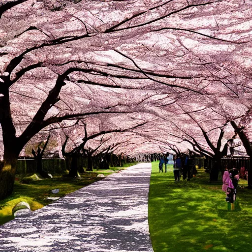 Prompt: an avenue of cherry blossom trees in japan, matte painting, hyperrealistic, extrreme detail, highly complex, very intricate