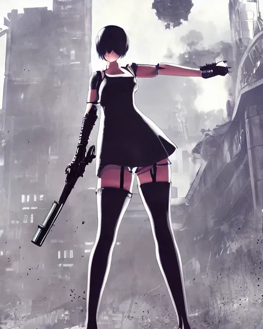 Image similar to 2B from Nier Automata and with slender body type standing in front of a large building holding a rifle, cartoon illustration, 8k