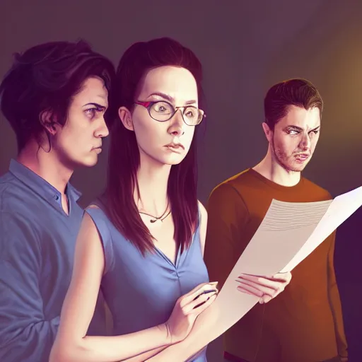 Image similar to realistic portrait of a terrified female author looking at some written notes while three male and one female characters look intensely, aesthetic!, trending on artstation, detailed digital art,