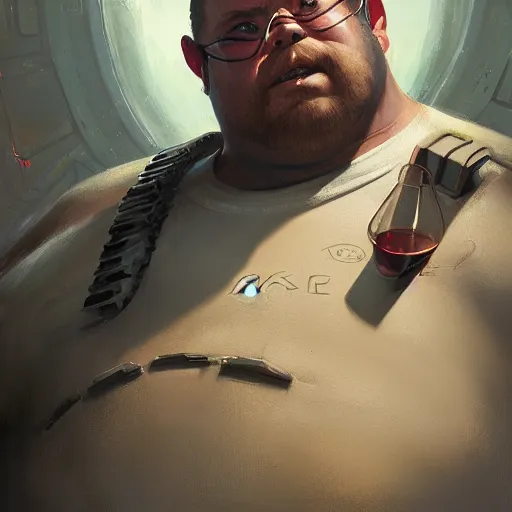 Image similar to portrait of an overweight cyborg barkeeper, ratz, neuromancer, bar background, painted by greg rutkowski, painted by igor kieryluk, high detail, dramatic light, digital art, trending on artstation