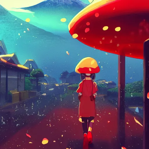 Image similar to beautiful anime girl walking in rainy mushroom village at night, super mario style, red and white spotted mushroom houses, geometric mountains in distance, landscape, anime key visual, digital art, anime screenshot, kyoto animation, makoto shinkai, trending on artstation