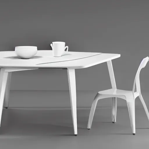 Image similar to a dining set designed by james dyson, white background, studio photograph