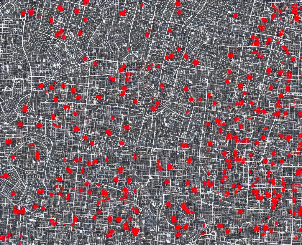 Prompt: millions of tiny red circular icons highlight churches on a Vector AntiqueWhite on DarkGrey Streets Satellite Map, vector graphics, 8k, mapbox