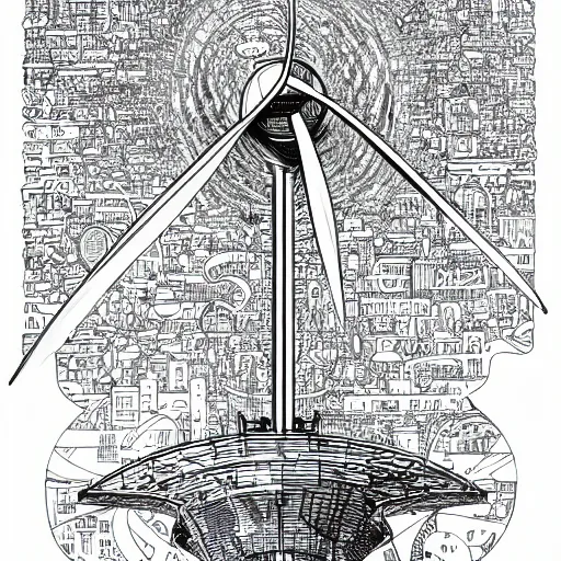 Prompt: hyper detailed comic illustration of a wind turbine blueprint, black ball pen on white paper, by Josan Gonzalez and Geof Darrow, simplistic