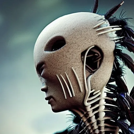 Image similar to humanoid alien species with human face, black feathers instead of hair, feathers growing out of skin, wings growing out of arms, transformation, tim burton, guillermo del toro