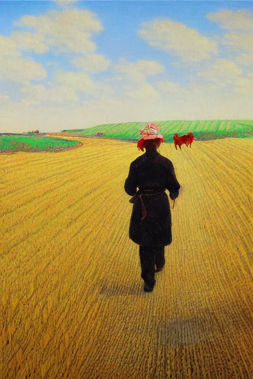 Image similar to cat farmer, walking in the wheat field, nature landscape on the background, fenghua zhong, sharp deep, oil art