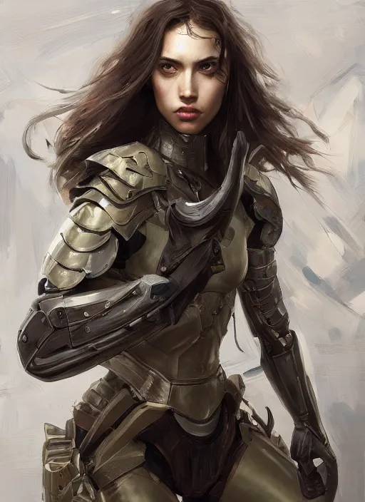 Image similar to a professional painting of a beautiful young female, clothed in military armor, olive skin, long dark hair, beautiful bone structure, symmetrical facial features, intricate, elegant, digital painting, concept art, smooth, sharp focus, illustration, from Metal Gear, by Ruan Jia and Mandy Jurgens and Artgerm and William-Adolphe Bouguerea