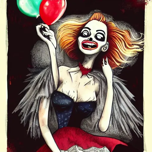 Image similar to grunge cartoon painting of margot robbie with a wide smile and a red balloon by chris leib, loony toons style, pennywise style, corpse bride style, horror theme, detailed, elegant, intricate