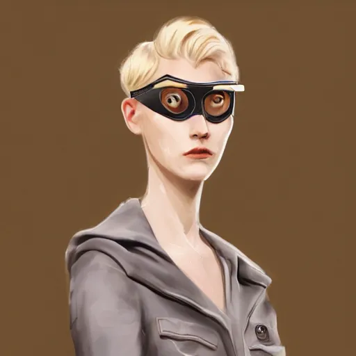 Prompt: tattooed stoic heroic plain no - makeup emotionless butch blond woman engineer at fancy masquerade ball, awkward and anxious, victorian goggles, very short slicked - back hair, satin atompunk jumpsuit, volumetric lighting, wlop, james jean, victo ngai! muted colors, very detailed, craig mullins, thomas kinkade, cinematic