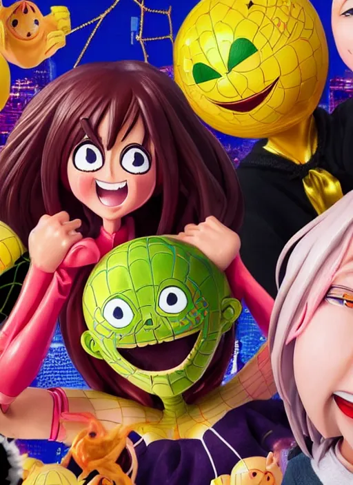 Prompt: a lifelike oil painting of an anime girl figurine caricature with a big dumb grin featured on into the spider - verse by arthur szyk made of madballs