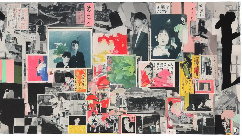 Prompt: an arrangement of postcards, japan, a collage painting, in the style of wes anderson, lola dupre, david hockney, isolated on negative white space background dark monochrome neon spraypaint accents volumetric octane render