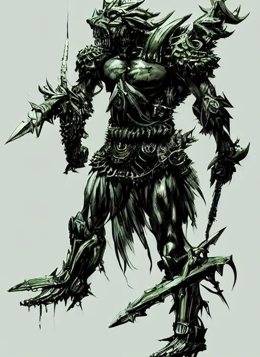 Image similar to Full body portrait of a gnoll warrior with a armour made of bones, emanating with green aura. In style of Yoji Shinkawa and Hyung-tae Kim, trending on ArtStation, dark fantasy, great composition, concept art, highly detailed, dynamic pose.