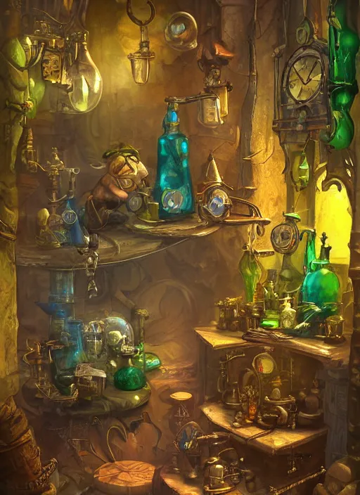 Prompt: Mouse wearing steampunk goggles beautiful stunning interesting photorealistic digital magic the gathering world of warcraft fantasy illustration mixing potions, in a potion shoppe, colorful bottles and plants, awesome and moody, by marc simonetti