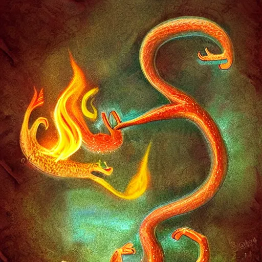 Image similar to cute salamander, fire om back, pet, mythical creature, digital art