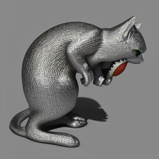 Prompt: 3d metal quicksilver cat with mouse in mouth, render