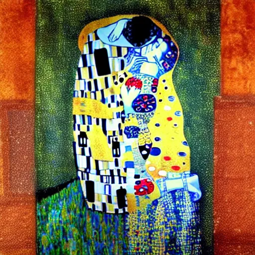 Image similar to The Kiss from Klimt but painted in the style of Vincent Van Gogh, van gogh's Starry night background