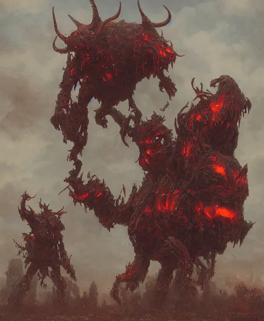 Image similar to giant devil holding a person, illustrated by Simon Stålenhag and Gaston Bussiere, intricate, ultra detailed, photorealistic, trending on artstation