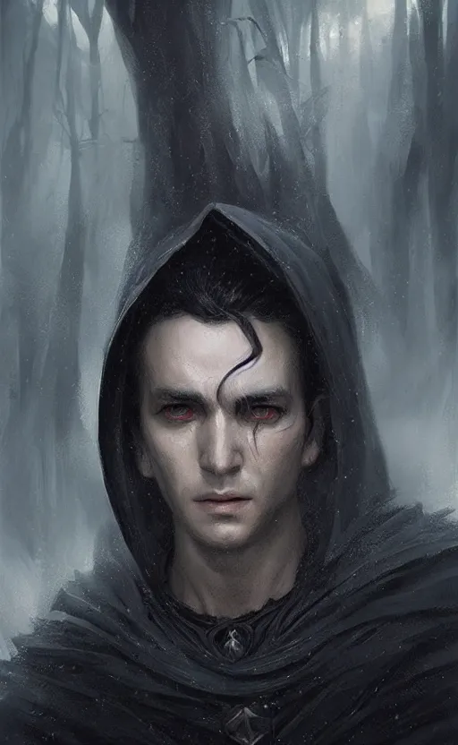 Image similar to Portrait of an elf in a black cloak, black hair, glowing eyes, male, detailed face, fantasy, highly detailed, cinematic lighting, digital art painting by greg rutkowski