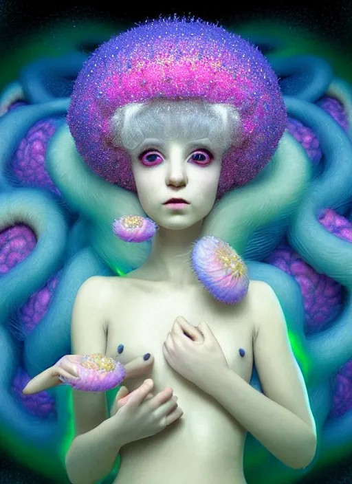 Image similar to hyper detailed 3d render like a Oil painting - kawaii portrait Aurora (white haired Singer Ferret) seen Eating of the Strangling network of yellowcake aerochrome and milky Fruit and Her delicate Hands hold of gossamer polyp blossoms bring iridescent fungal flowers whose spores black the foolish stars by Jacek Yerka, Mariusz Lewandowski, Houdini algorithmic generative render, Abstract brush strokes, Masterpiece, Edward Hopper and James Gilleard, Zdzislaw Beksinski, Mark Ryden, Wolfgang Lettl, hints of Yayoi Kasuma, octane render, 8k