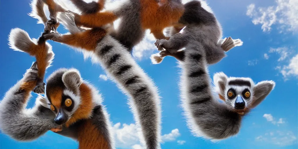 Image similar to Floating lemurs showing their tongues over a blue ocean, Darek Zabrocki, Karlkka, Jayison Devadas, Phuoc Quan, trending on Artstation, 8K, ultra wide angle, pincushion lens effect.