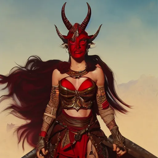 Image similar to portrait of a strong fierce berber tiefling woman with red skin, devil horns and black hair in a ponytail wearing a steel chestplate in a desert, fantasy, highly detailed, digital painting, artstation, concept art, character art, art by greg rutkowski and tyler jacobson and alphonse mucha