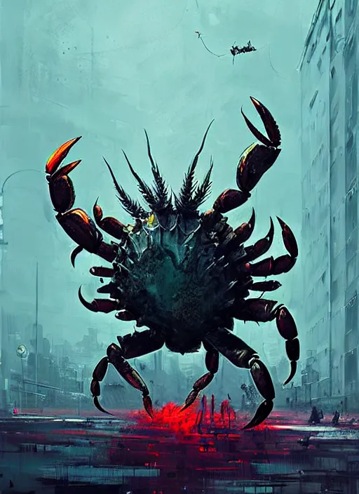 Image similar to horror art, crab kaiju attacks ny, art by ismail inceoglu