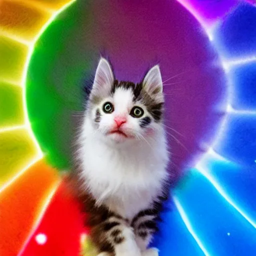 Prompt: of a very proud fluffy rainbow kitten howling at moon with a glowing rainbow aura