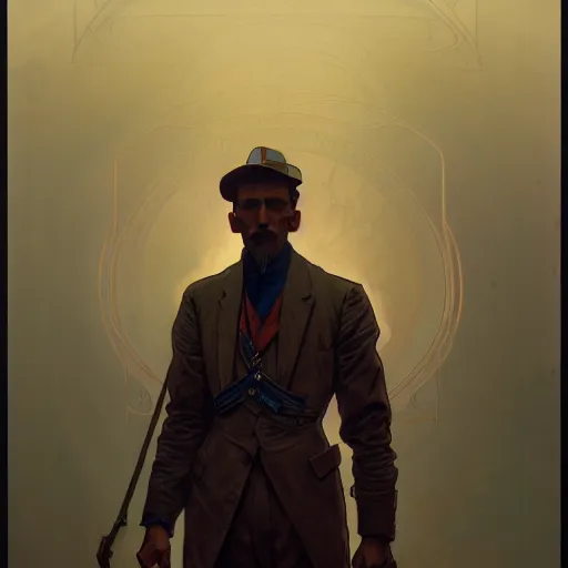 Image similar to portrait of a vicotrian engineer man in suit by alphonse mucha, simon stalenhag and darek zabrocki, cinematic and atmospheric, concept art, artstation, trending on artstation