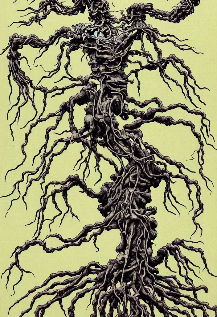 Image similar to prompt: dissection drawing of magical white skeleton Bonsai tree squid creature roots merging into big moon drawn by Takato Yamamoto, bonsai skeleton anatomy, veins and organs attached to tree roots, alchemical objects inspired by 1980's sci-ci, intricate oil painting detail, manga 1980