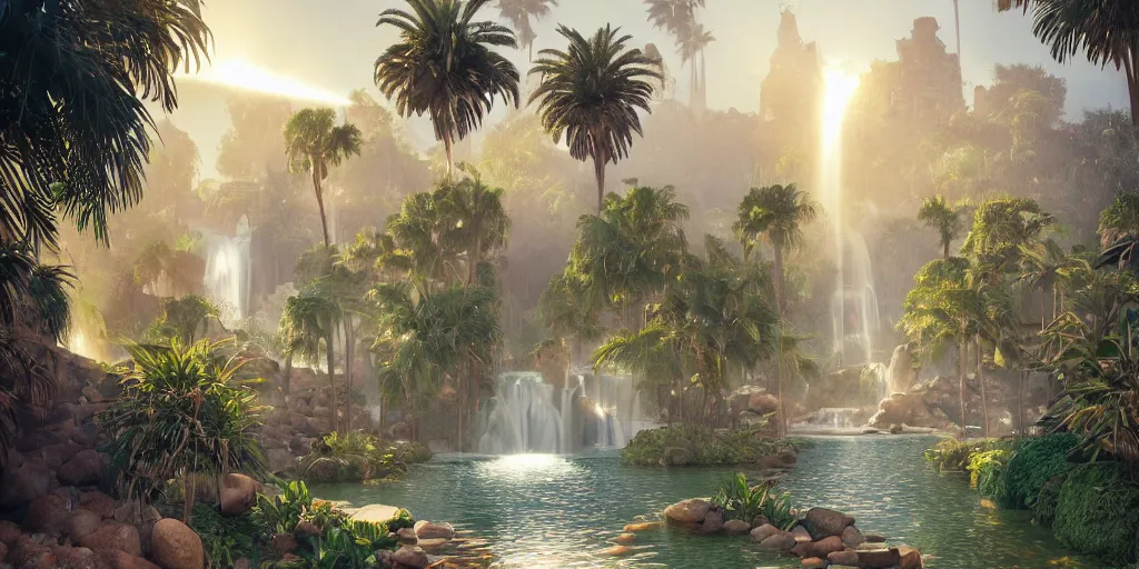 Image similar to beautiful oasis waterfalls surrounded by palm trees, moroccan tile archways, date trees, ivory towers, sun setting, ross tran, nephilim, pyroclastic flow, ethereal, fantasy, james jean, oozium, peter morbacher angelarium alchemy luxury heavenly light soft illumination, trending on artstation, cinematic lighting, digital painting, octane render, artgerm