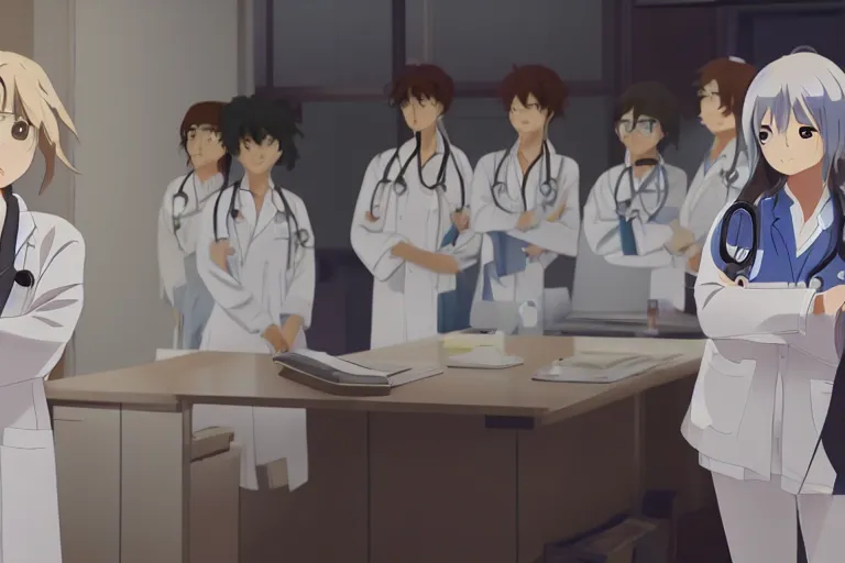 Image similar to a cute young female doctor wearing white coat are working in an emergency department , slice of life anime, cinematic, lighting, 8kHDR, anime scenery by Makoto shinkai