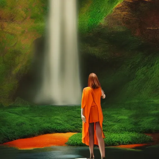 Prompt: a woman stands in front of a waterfall, green and orange color scheme, morning, artstation,