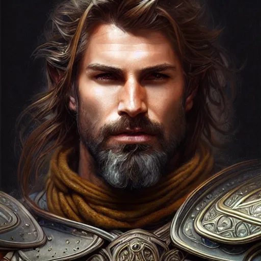 Image similar to portrait of a ruggedly handsome paladin, soft hair, muscular, half body, leather, hairy, d & d, fantasy, intricate, elegant, highly detailed, digital painting, artstation, concept art, smooth, sharp focus, illustration, art by artgerm and greg rutkowski and alphonse mucha