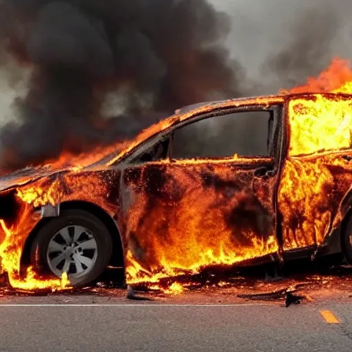 Image similar to A still of a destroyed car on fire, slow motion flames