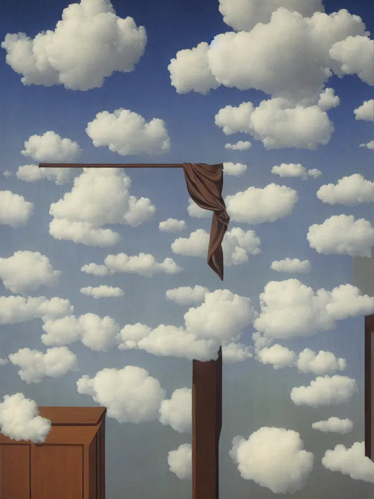 Prompt: curtains and clouds by rene magritte, detailed painting, hd, hq, high resolution, high detail, 4 k, 8 k