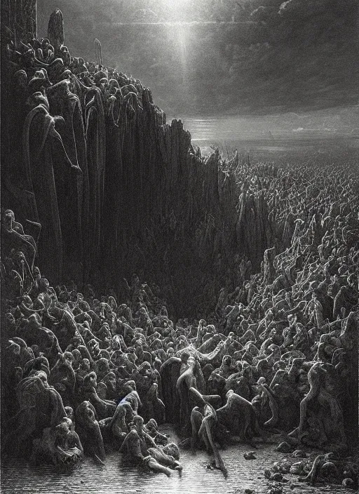Image similar to as above, so below, epic scene, photorealistic, highly detailed, texture, soft light, dramatic, moody, ambient, painting by gustave dore