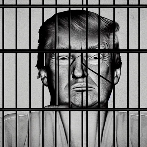 Prompt: donald trump in jail, behind bars crying tears and snot. candid photograph.