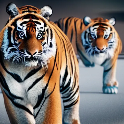 Prompt: tigers wearing designer clothes posing on a catwalk, cinematic, 8 k, hyperrealistic details